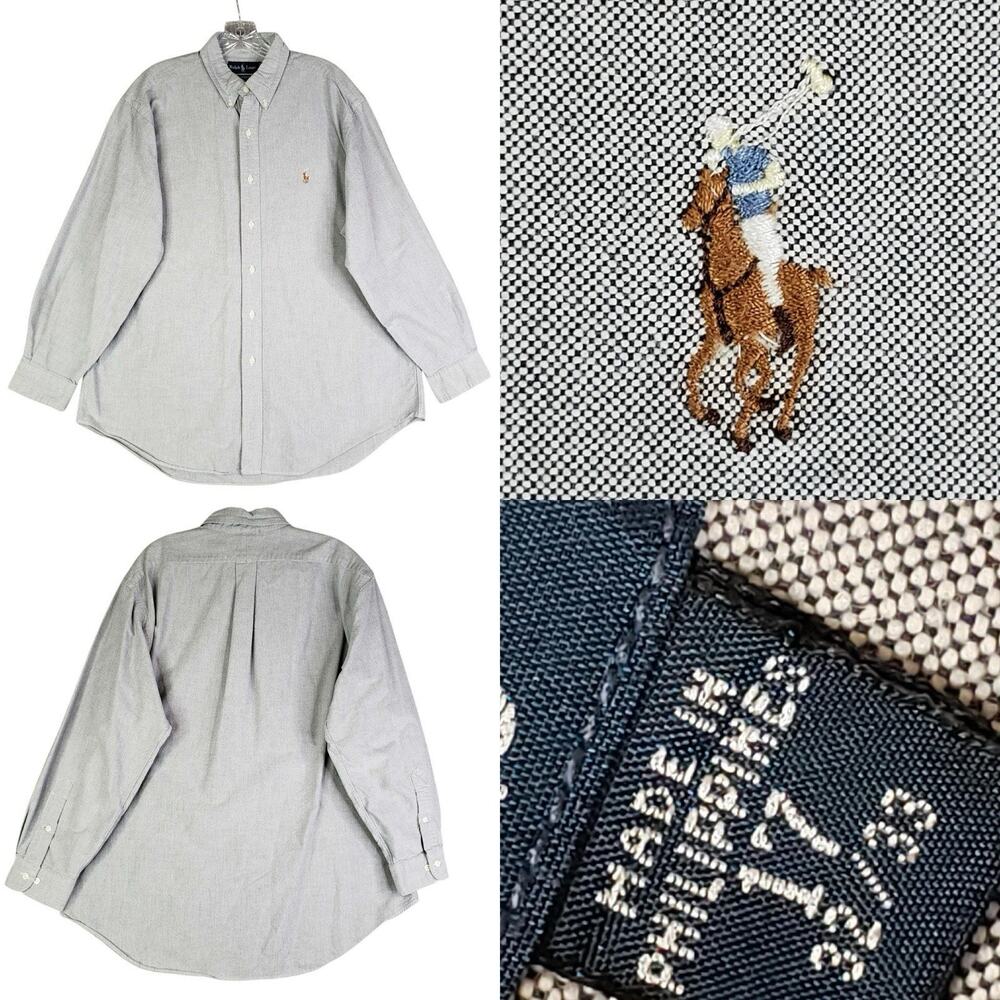 Polo Ralph Lauren Shirt Mens Size 17.5 US XL Gray Blue Button Down Oxford LS